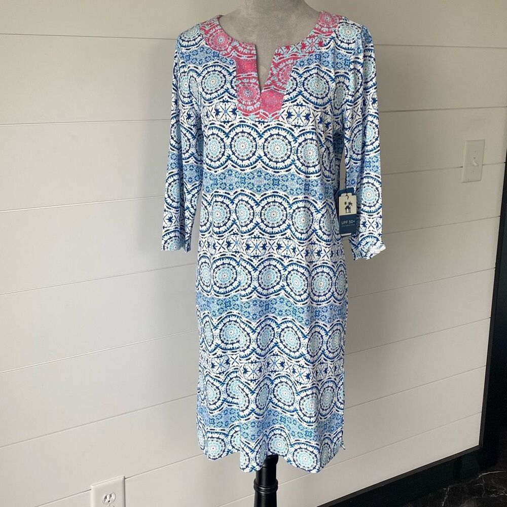 Caribbean Joe Womens UPF 50 Yoke Neck Dress Medallion Blue Sz Medium NWT Cute!